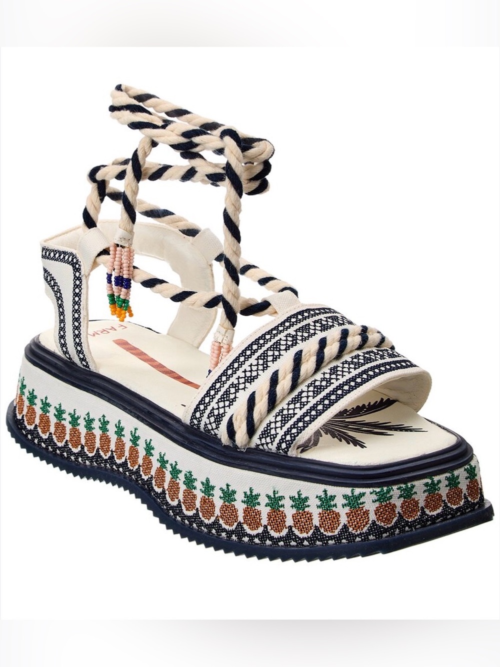 FARM Rio Cream and Navy Woven Rope Platform Sandal with Pineapple Trim - Picture 1 of 9